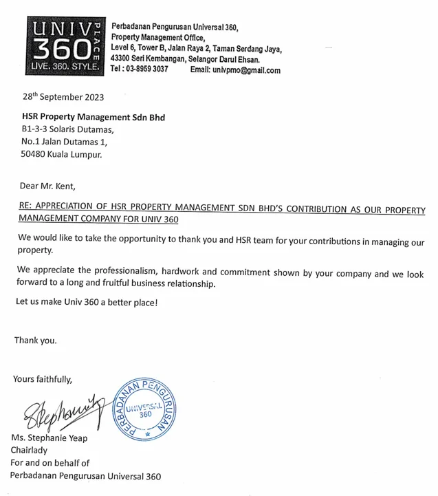 UNIV 360 letter of appreciation preview